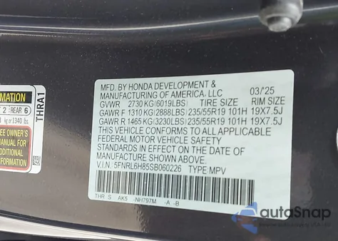 2025 Honda Odyssey Touring z USA, uszkodzony, nr VIN 5FNRL6H85SB060226